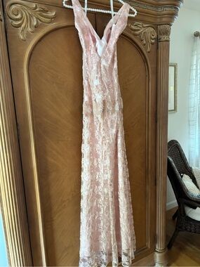 Elegant Blush Pink Lace Maxi Dress with V-Neck
